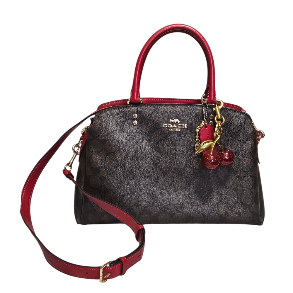 Coach Lillie Carryall Bag w/ Signature Brown and Red Canvas (Style 91495)